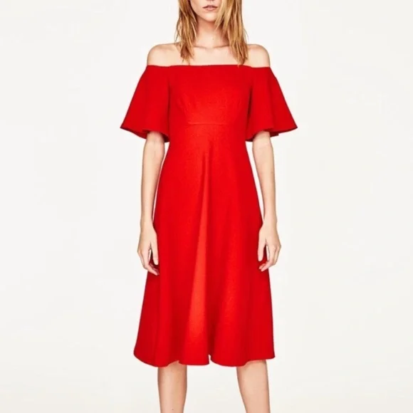 ZARA OFF THE SHOULDER MIDI XS DRESS. - Picture 1 of 11